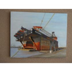 Olieverf Schilderij Kraanschip " HERMOD " Heerema - Leiden .