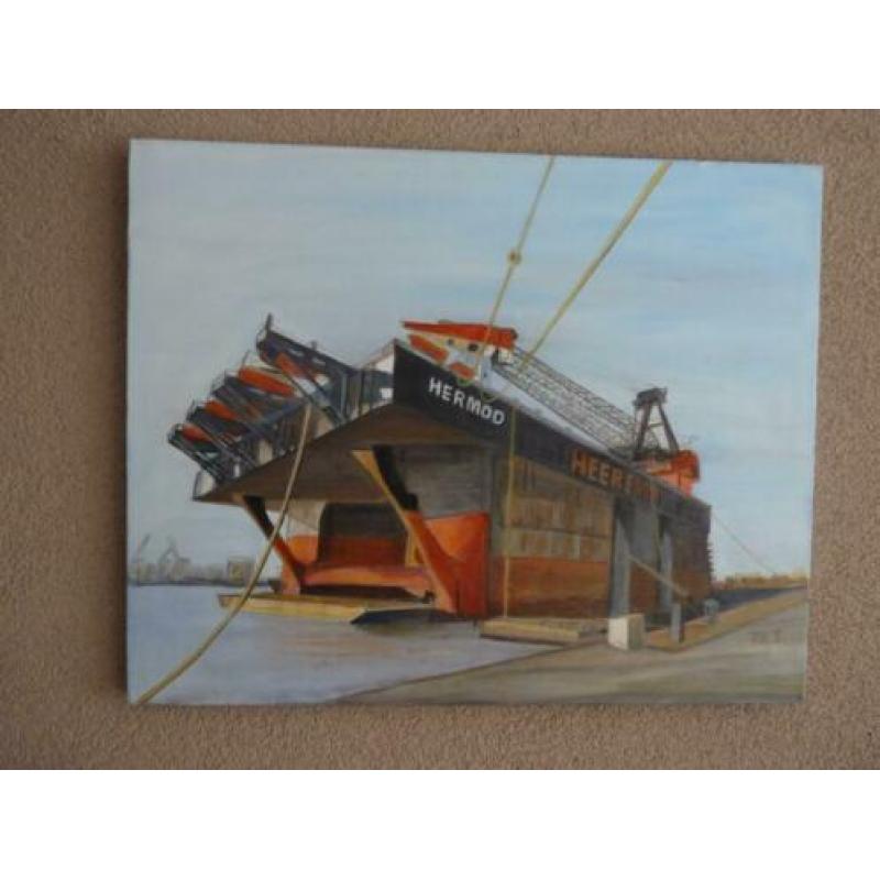 Olieverf Schilderij Kraanschip " HERMOD " Heerema - Leiden .
