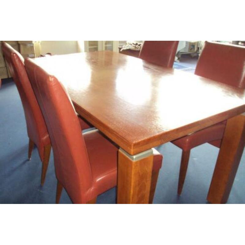 Eethoek tafel+4 stoelen hout leer