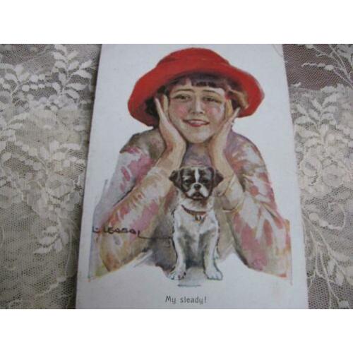 Antieke glamour kaart / Usabal - dame met hond