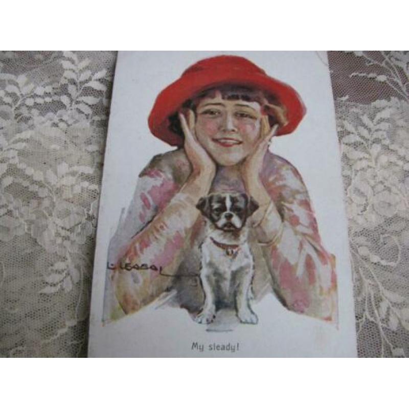 Antieke glamour kaart / Usabal - dame met hond
