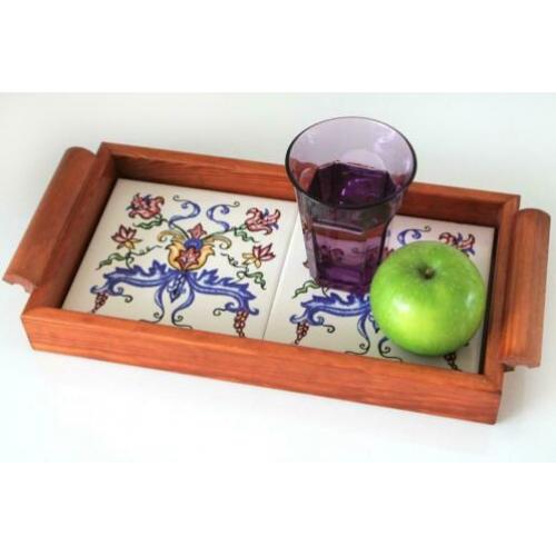 Vintage dienblad tegel tegeltje hout houten
