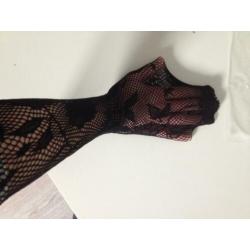 NIEUW zwart panty fish-net+bloem print one size jolaria