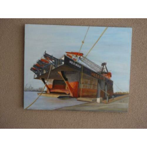 Olieverf Schilderij Kraanschip " HERMOD " Heerema - Leiden .