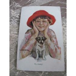 Antieke glamour kaart / Usabal - dame met hond