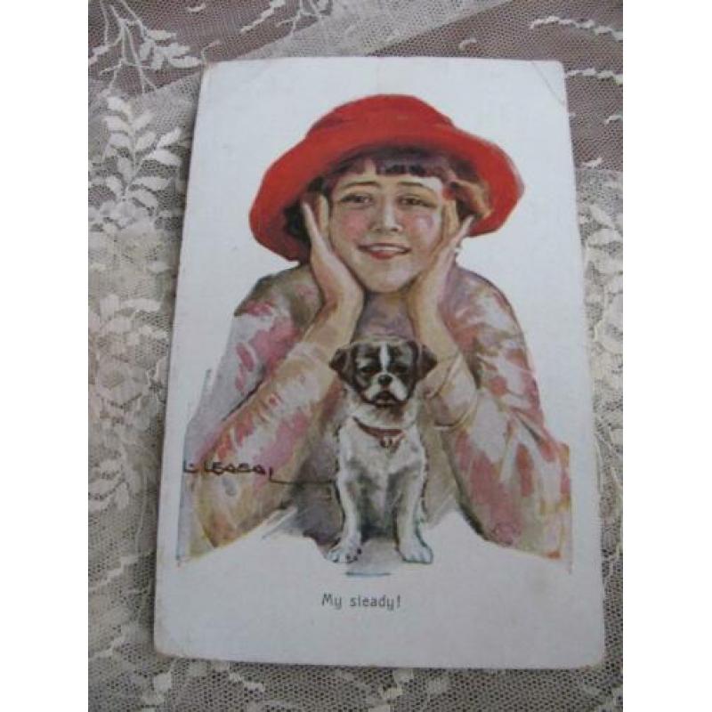 Antieke glamour kaart / Usabal - dame met hond