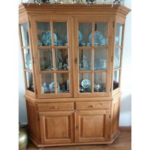 2 delige grenen vitrinekast