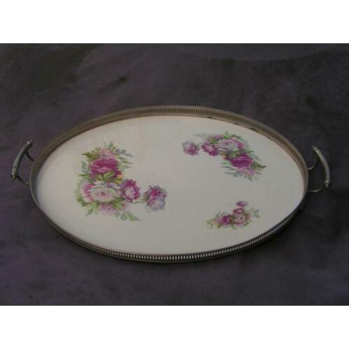 Antiek dienblad porseleinen blad en verzilverde open gewerkt