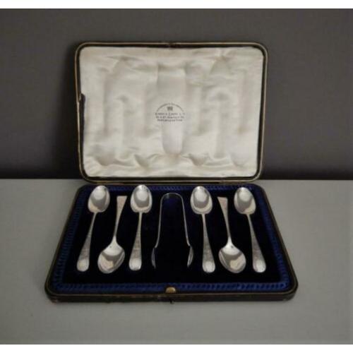 Mooie set Engelse zilveren lepeltjes en suikertang!