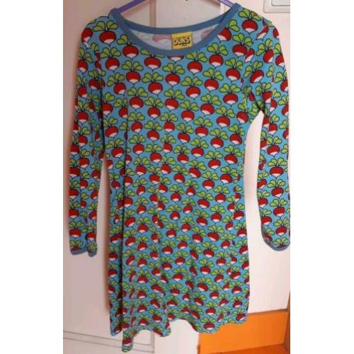 Duns blauwe jurk met rode radijsjes maat 110