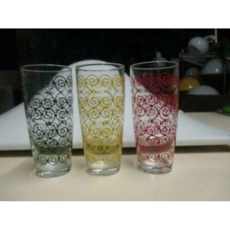3 drinkglazen 14 cm rood groen geel jaren 70 design retro
