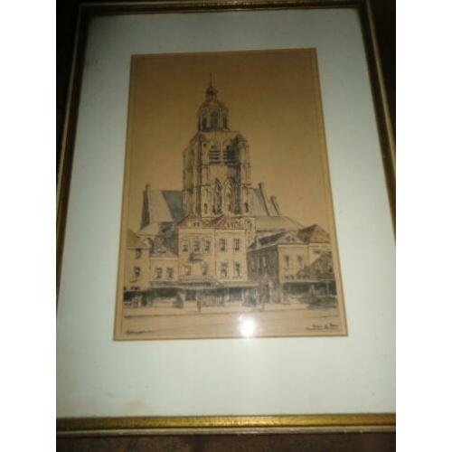 kleuren litho / tekening Peperbus en Markt Bergen op Zoom
