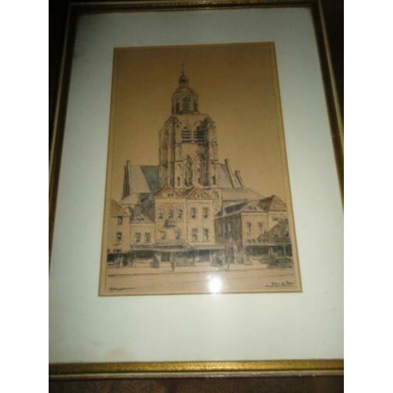 kleuren litho / tekening Peperbus en Markt Bergen op Zoom