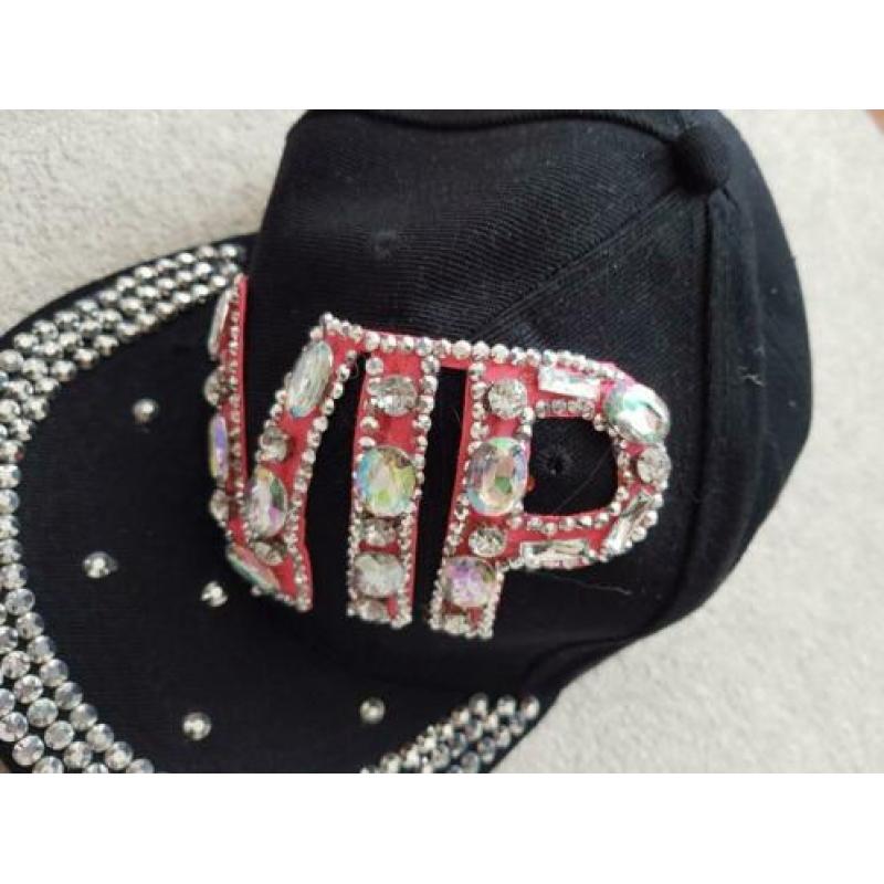 Zwart vip pet petten dames feest steentjes accessoires