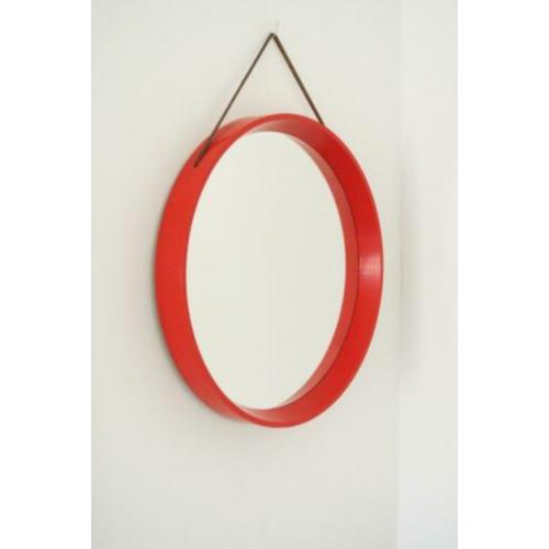 vintage Deense SPIEGEL rond met leren band rood scandinavie