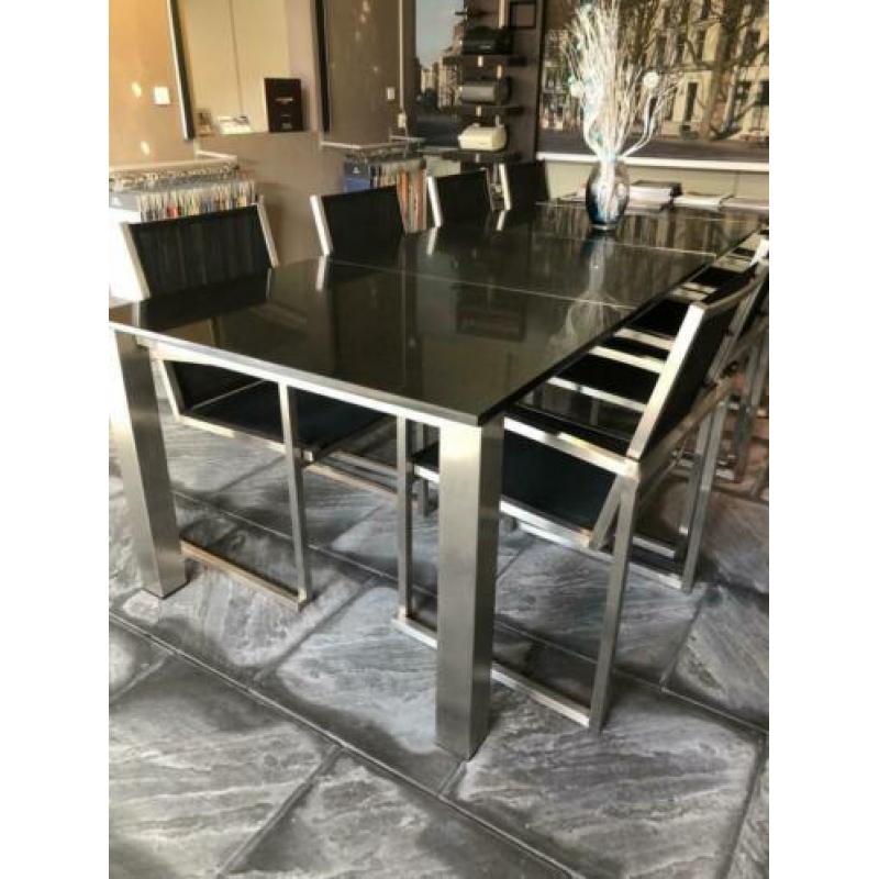 Tuinset Vivaldi marmeren tafelblad en rvs stoelen 304x100cm