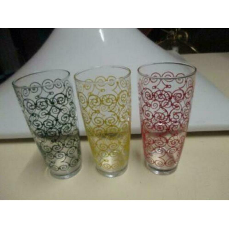 3 drinkglazen 14 cm rood groen geel jaren 70 design retro