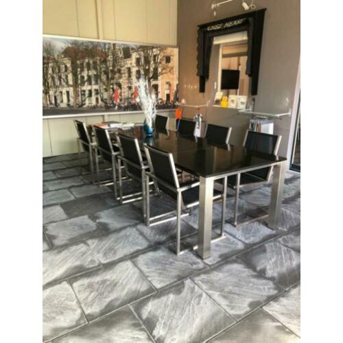 Tuinset Vivaldi marmeren tafelblad en rvs stoelen 304x100cm