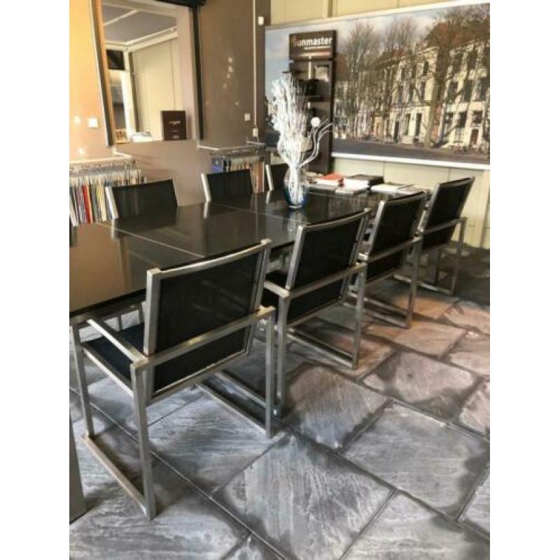 Tuinset Vivaldi marmeren tafelblad en rvs stoelen 304x100cm