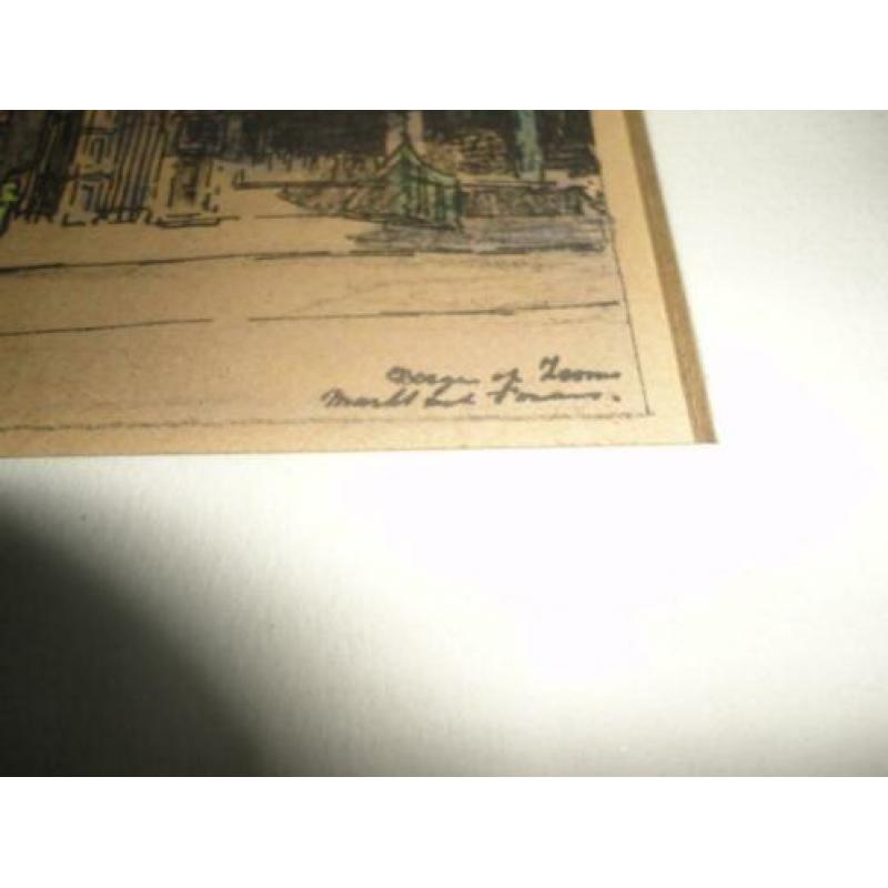 kleuren litho / tekening Peperbus en Markt Bergen op Zoom