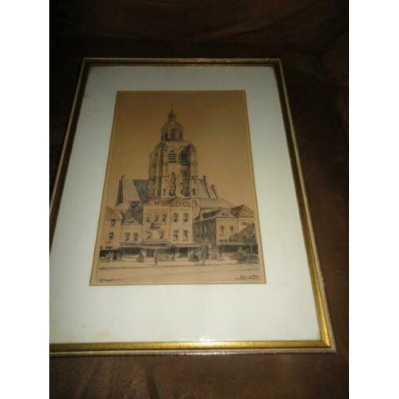 kleuren litho / tekening Peperbus en Markt Bergen op Zoom