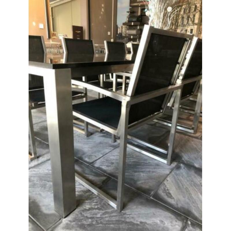 Tuinset Vivaldi marmeren tafelblad en rvs stoelen 304x100cm