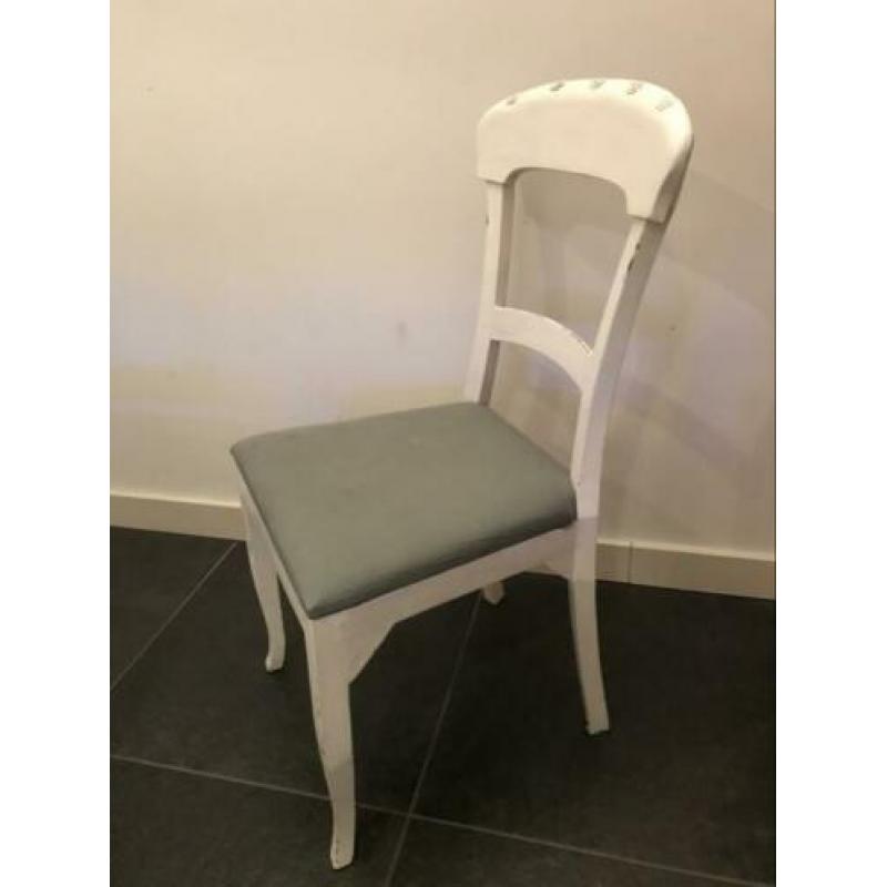 Brocante stijl stoelen teakhout 4x wit en taupe kleur