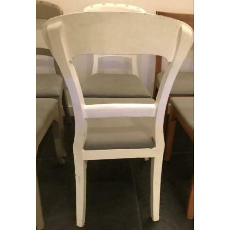 Brocante stijl stoelen teakhout 4x wit en taupe kleur