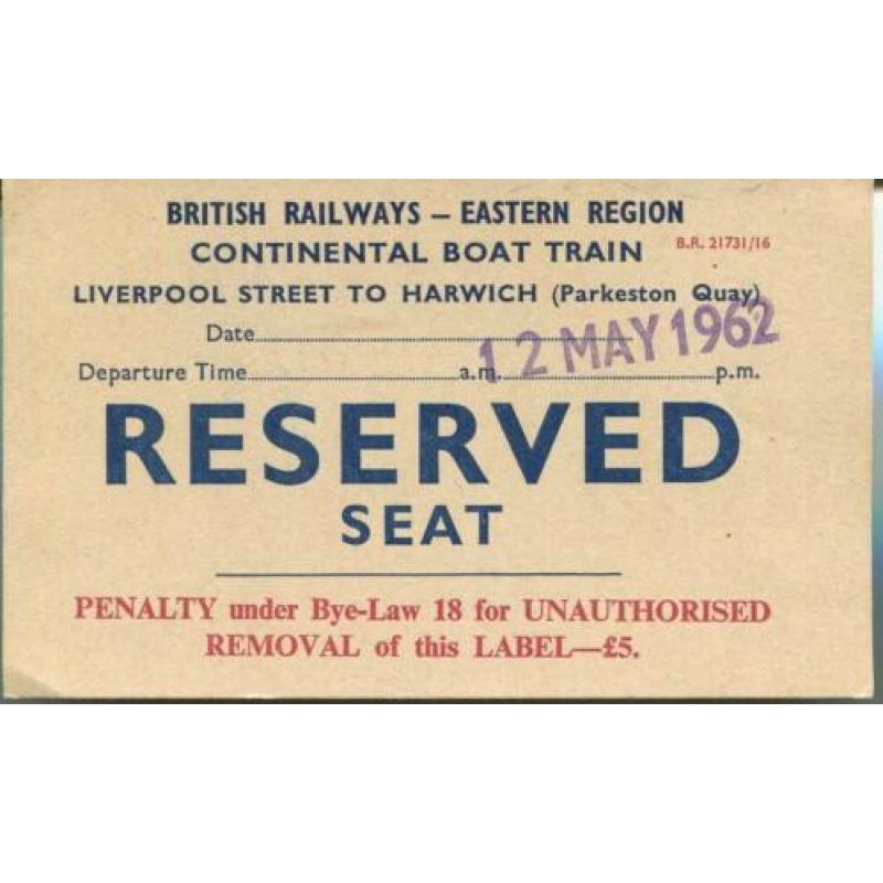 1962 kaartje Reserved Seat boot trein UK