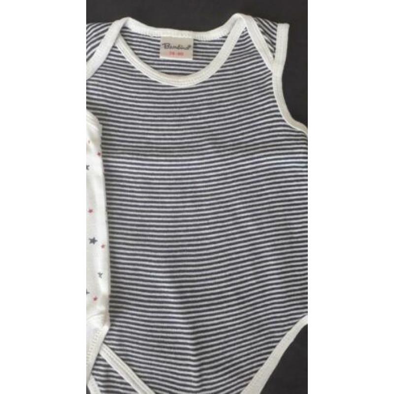* 2 rompers sterren en strepen Bambino mouwloos, mt 74 *