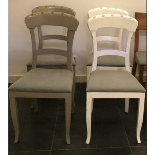 Brocante stijl stoelen teakhout 4x wit en taupe kleur