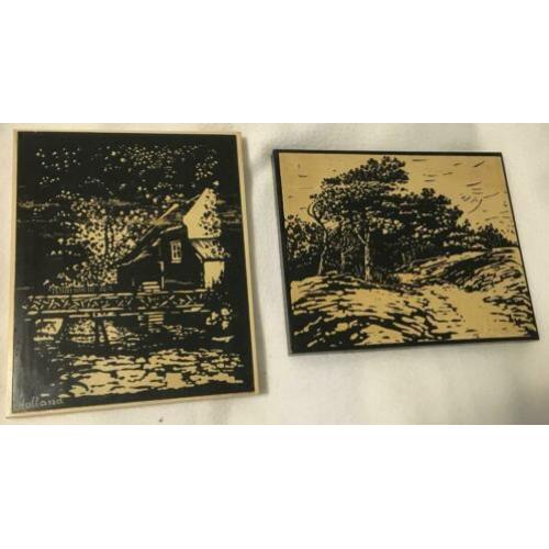 Tekeningen : "boederij met brug" en "in het bos"