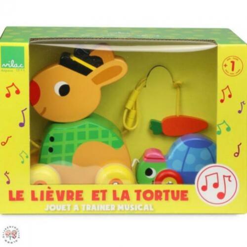 Houten trekfiguur Haas Schildpad + muziek VILAC ->NU SALE!