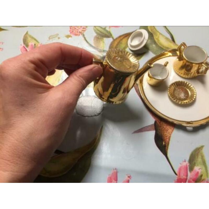 Jimenau goud porcelein mini servies. Poppenhuis servies.
