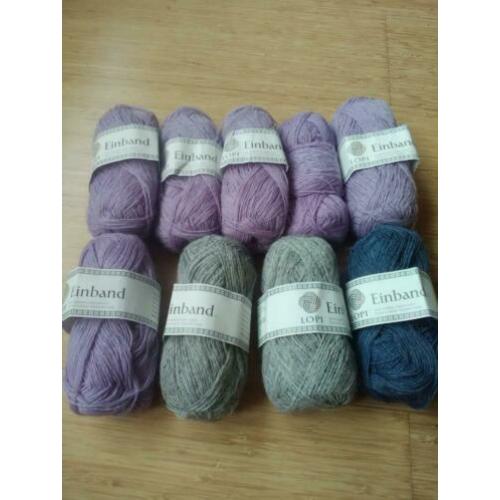 IJslandse wol, LOPI Einband 9 knotten, lila, grijs, blauw.