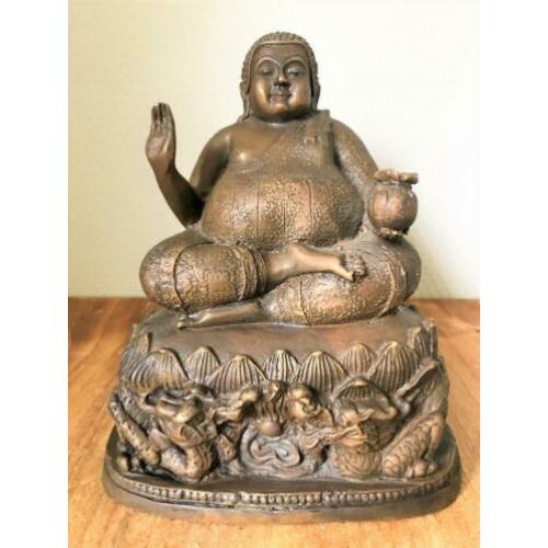 Oosters Brons happy boeddha met 2 Yuni draken beelden