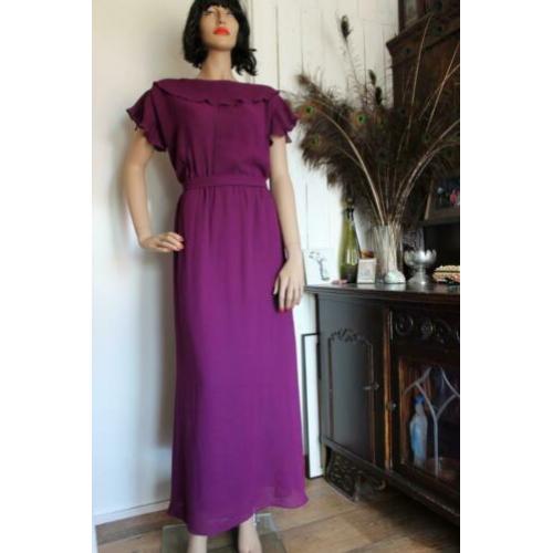 Vintage maxidress met plissé kraag L ~ Vintage Selection