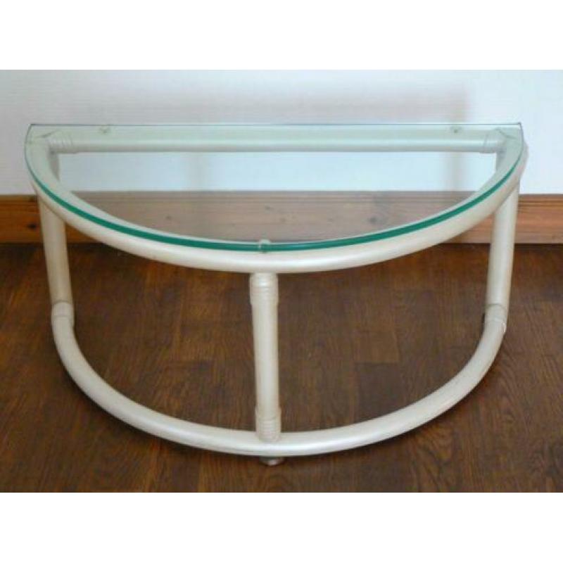 Mooie Vintage Rotan/Leer Schommelstoel plus Rotan Tafeltje
