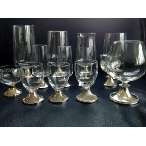 Kristallen glazen borrel wijnglazen op verzilverde voet 13 s