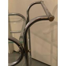 Retro theewagen / serveerwagen, chroom met 2 glazen plateaus