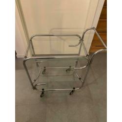 Retro theewagen / serveerwagen, chroom met 2 glazen plateaus