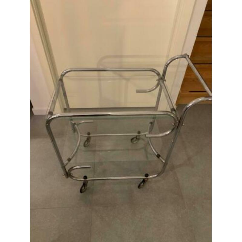 Retro theewagen / serveerwagen, chroom met 2 glazen plateaus