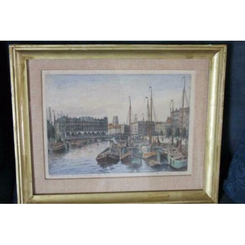 Rotterdam oude haven; ingelijste ets van Marius Janssen.