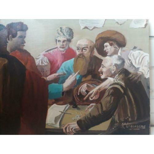Oud Hollands tafereel "Vergadering" Olieverf B.Steenberg