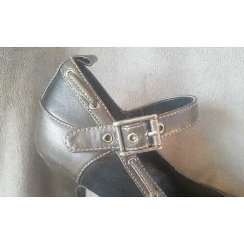 Hoge hakken zwart/donkerbruin-grijs mt. 37 Peeptoe