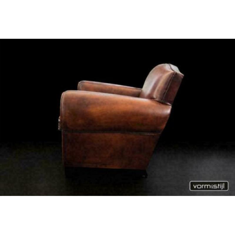 Handgepatineerde Art Deco fauteuil(s): superdik schapenleer
