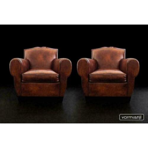 Handgepatineerde Art Deco fauteuil(s): superdik schapenleer