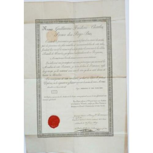 Societe De Waterloo Diploma 1819 Koning Willem I
