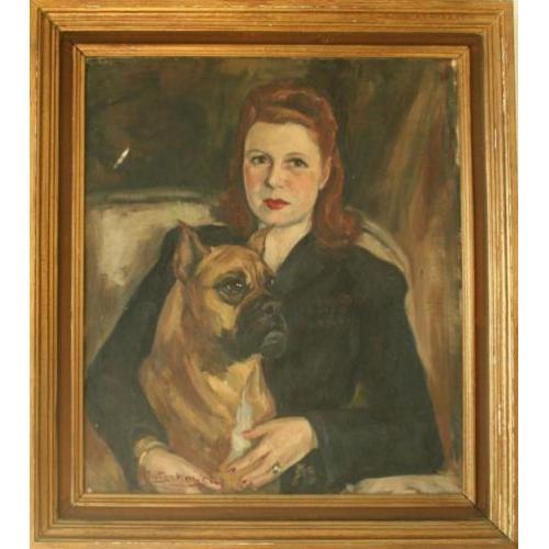 PORTRET van een vrouw met hond==30er jaren werk=gesigneerd =