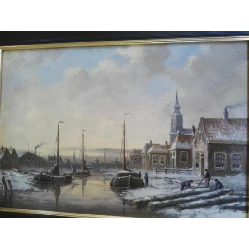 A M Geijp 1855-1926 Winters Stadsgezicht/Tjalken/Personen
